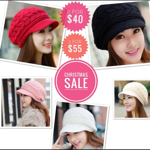 2 for $40 Red Beret  knitted Rabbit fur Beanie - Picture 2 of 4